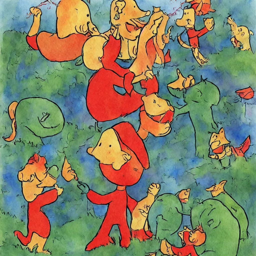 Image similar to babar discovers fire children's illustration watercolor painting