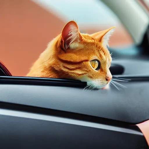 Image similar to an orange tabby cat driving a car