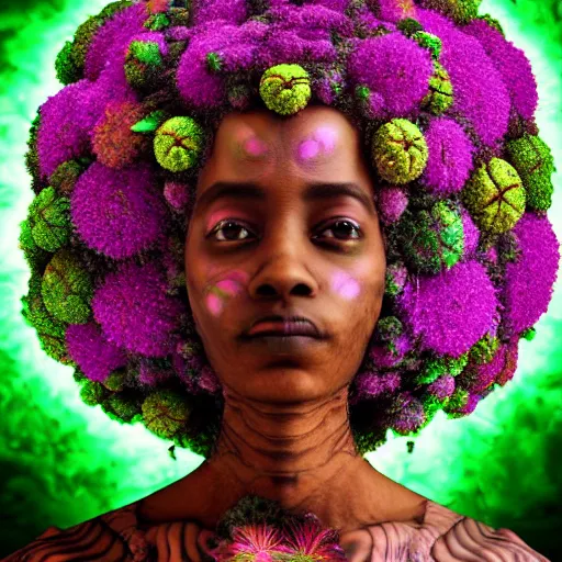 Image similar to an african marijuanna shaman with an afro made of flowers, third eye art art by machina infinitum, complexity from simplicity, rendered in octane, mandelbulb 3 d, ambient occlusion, macro photography, felt!!! texture, tribal, neon! retrowave