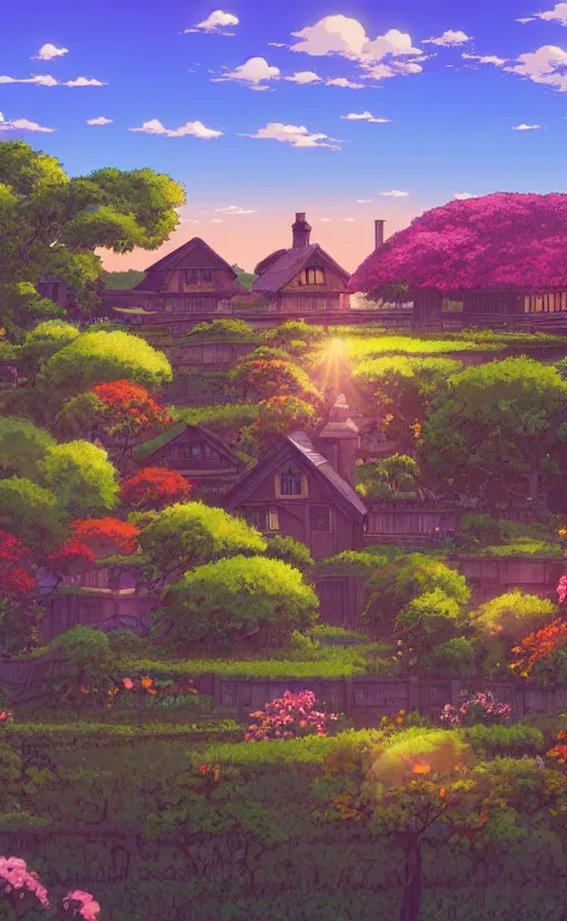 Image similar to anime screenshot wide-shot landscape with house in the apple garden, beautiful ambiance, golden hour, studio ghibli style, by hayao miyazaki, sharp focus, highly detailed,