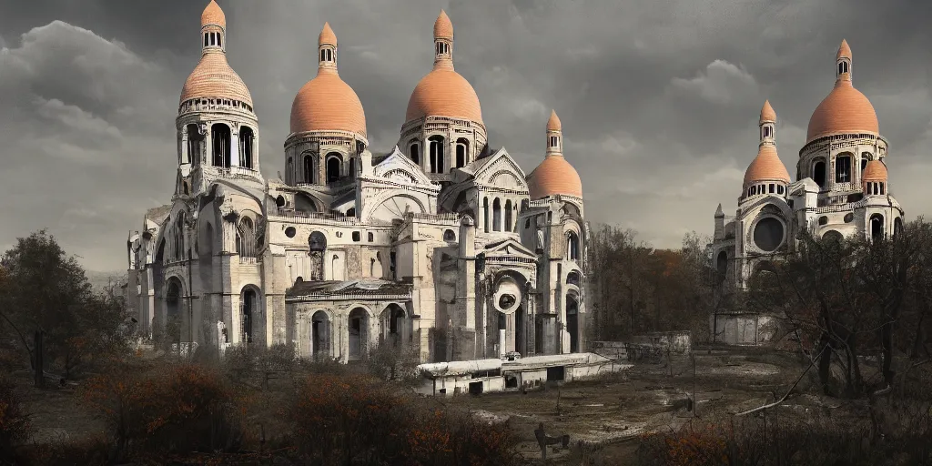 Image similar to the abandoned post-apocalyptic Basilica of Sacré Coeur de Montmartre, toxic orange clouds and contrast the white exterior, a two-headed deer looks on in the distance from the sparse twisted silhouetted foliage, a highly detailed matte painting, featured on Artstation