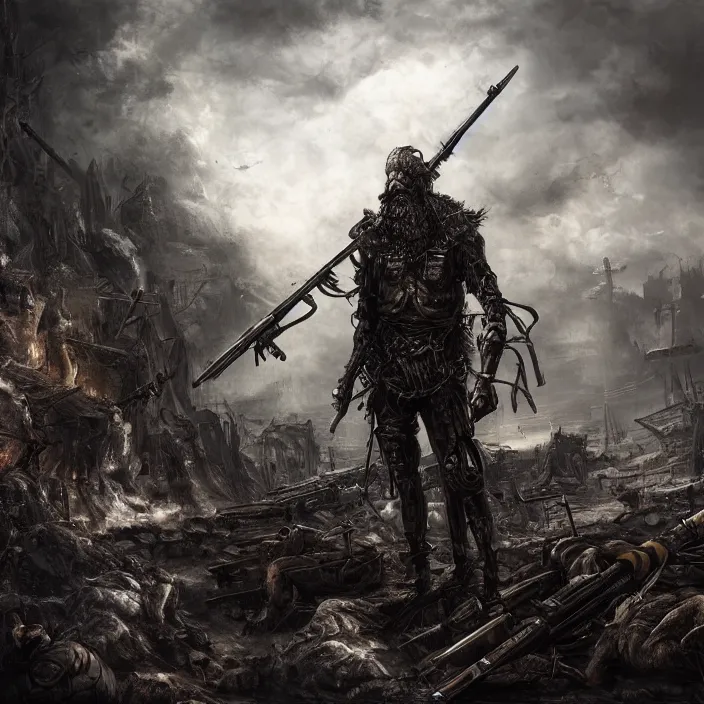 Prompt: apocalyptic man surrounded by weaponry, hyper - detailed, smooth, sharp focus, 4 k ultra hd, fantasy dark art, apocalyptic art