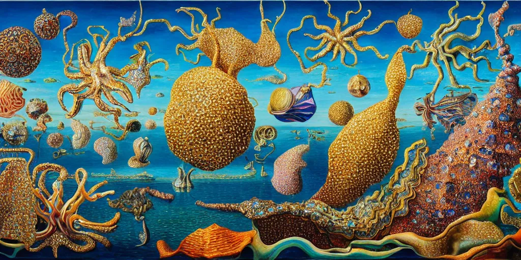 Image similar to sea creatures | shimmery, glittery, metallic, complex, intricate, textured | wide open vista view | gouche on paper by salvador dali by raqib shaw | 8 k