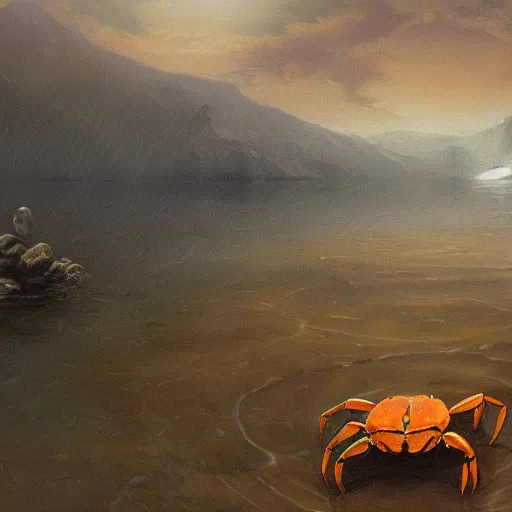 Image similar to crab monster in the lake, matte painting, detailed, elden ring, oil on canvas