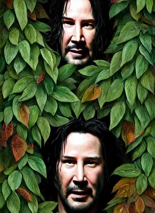 Prompt: highly detailed comedy caper movie poster with silly wacky zany keanu reeves hiding in leaves, keanu reeves face inside a leafy bush by greg rutkowski, masterpiece, really funny, 1 0 / 1 0 comedy