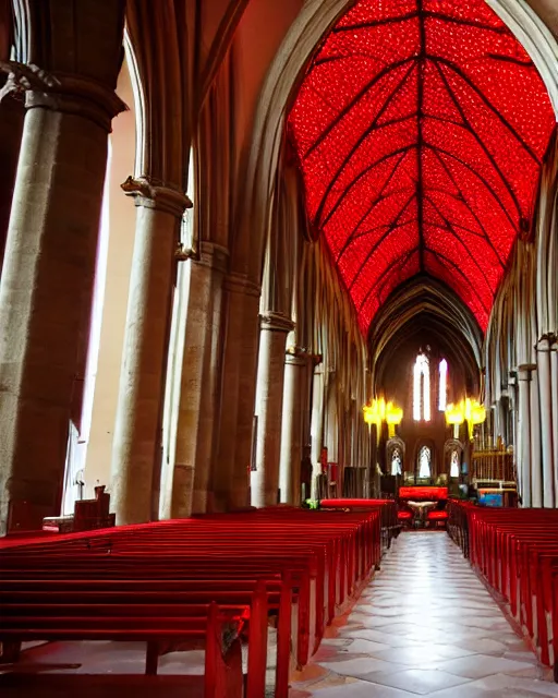 Image similar to inside the cathedral, a red mushroom grows on the thorns on the ground inside the church