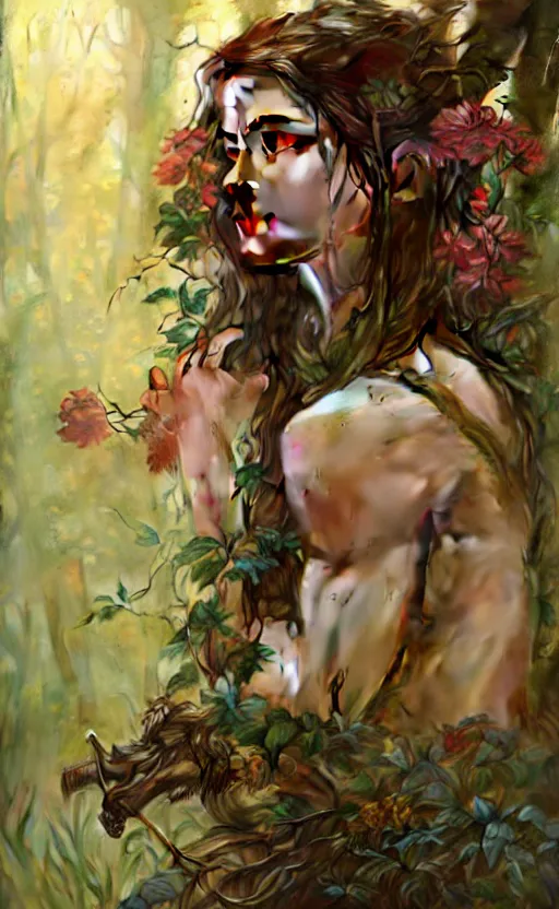 Prompt: god of the forest, 2 0 years old, rugged, female, gorgeous, detailed face, amazing, thighs, flowers, muscular, intricate, highly detailed, digital painting, artstation, concept art, sharp focus, illustration, art by greg rutkowski and alphonse mucha