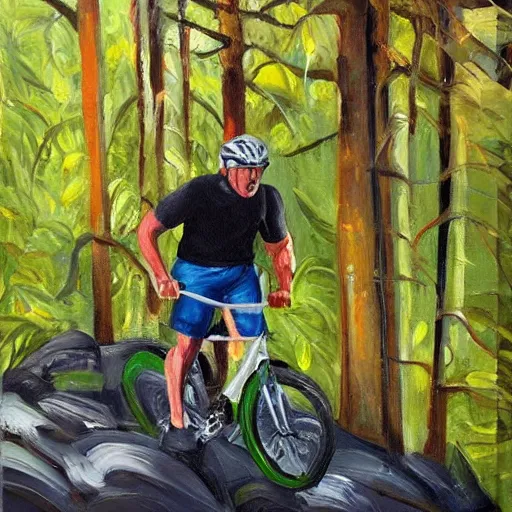 Image similar to man with helmet biking up a steep forest hill, sweaty. Oil painting. Emotional.