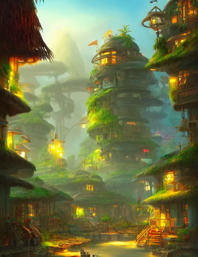 Image similar to futuristic but cozy fantasy village at a tropical coast. this air brush painting by the award - winning concept artist has an interesting color scheme, plenty of details and impeccable lighting.