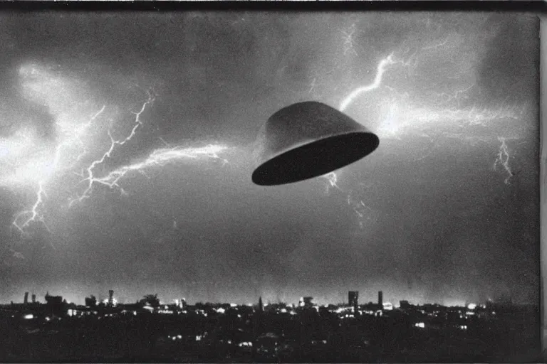 Prompt: dark old polaroid of an ufo flying above an destroyed city during a thunderstorm, pictorialism, fallout, desolate, wide angle, award winning