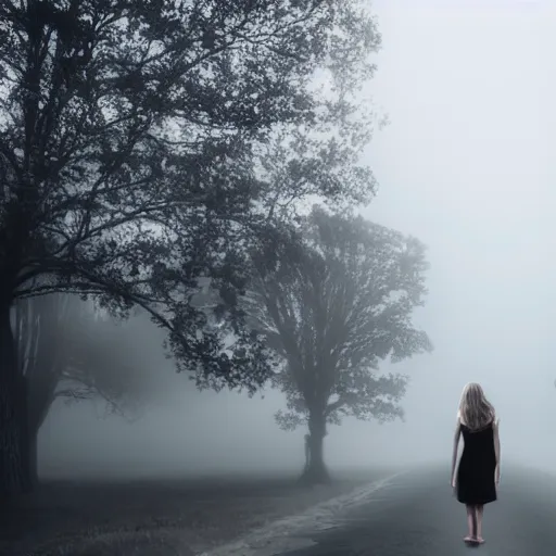 Image similar to girl in a creepy town covered in heavy fog and monsters