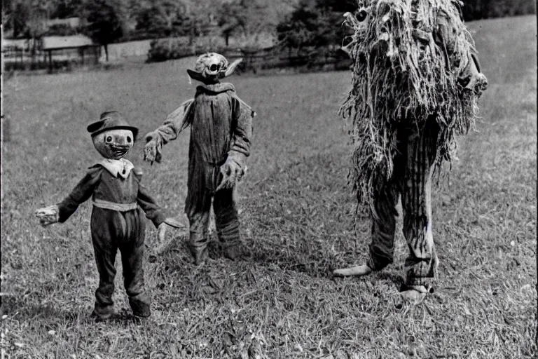 Image similar to disturbing scarecrow from the early 1 9 0 0's leading children into the cornfields