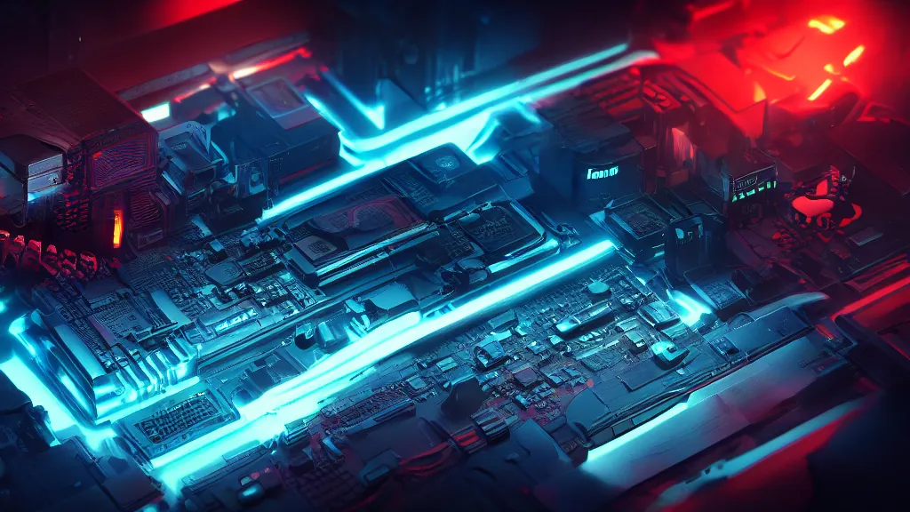 Image similar to a cyberpunk overpowered computer. Overclocking, watercooling, custom computer, cyber, mat black metal, orange neon stripes, alienware, futuristic design, Beautiful dramatic dark moody tones and lighting, Ultra realistic details, cinematic atmosphere, studio lighting, shadows, dark background, dimmed lights, industrial architecture, Octane render, realistic 3D, photorealistic rendering, 8K, 4K, computer setup, highly detailed, desktop computer, desk, table