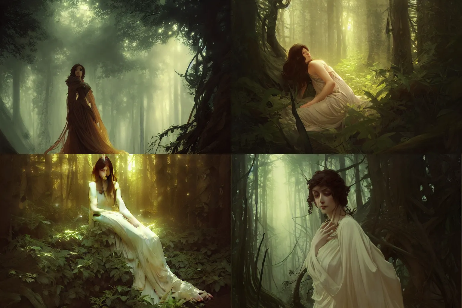 Prompt: in this forest dark and deep i offer you eternal sleep, intricate, elegant, highly detailed, digital painting, artstation, concept art, smooth, sharp focus, illustration, art by artgerm and greg rutkowski and alphonse mucha and francisco goya