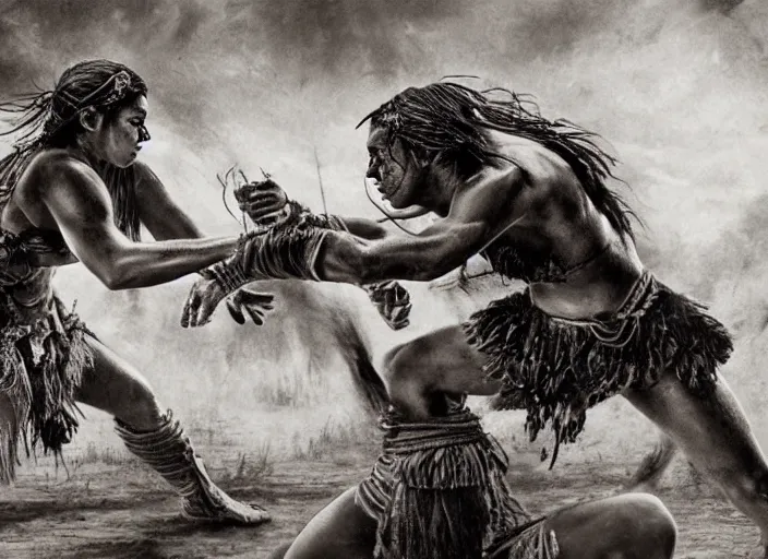 Image similar to movie, ancient Battlefield, two beautiful aztec warrior females fight, epic ,old photo, vintage, black and white, Boris vallejo, sepia, apocalypto