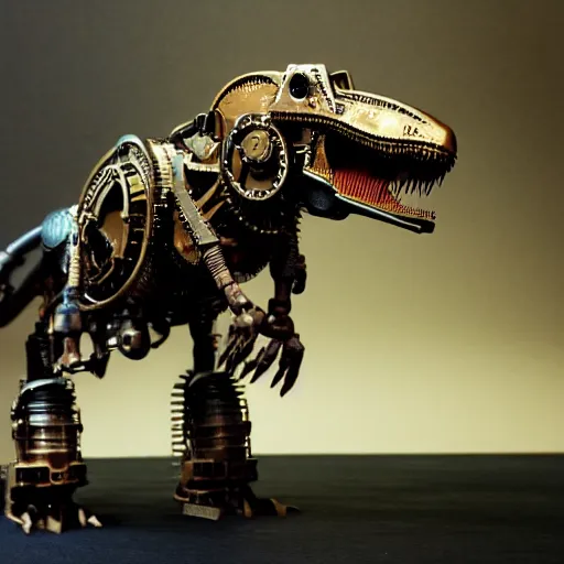 Image similar to a steampunk robotic dinosaur, dark background, super - detailed, photo - realistic,