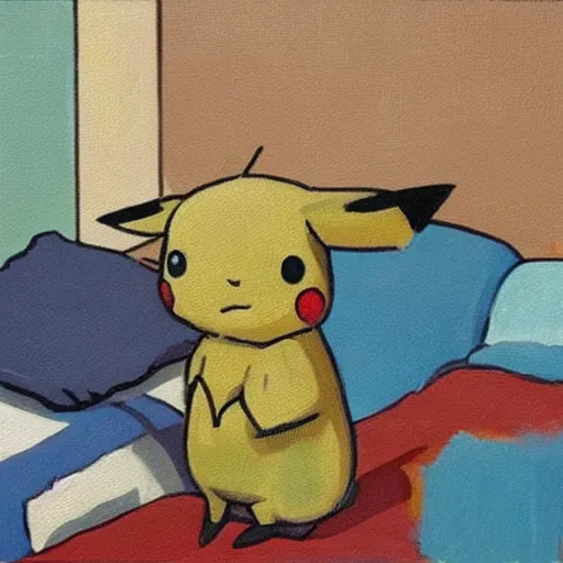 Image similar to sad masterful oil painting of twice divorced alcoholic pikachu alone in his room
