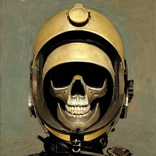 Image similar to portrait of deep sea diver helmet, detailed skull face, detailed painting, epic lighting, by ilya repin, phil hale and kent williams