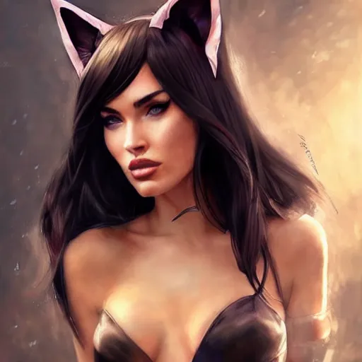 Prompt: alchemyst girl Megan Fox with cat ears, by WLOP, by Artgerm, by Michael Garmash, by Rob Rey, digital art, trending on artstation, beautiful lightning, atmospheric