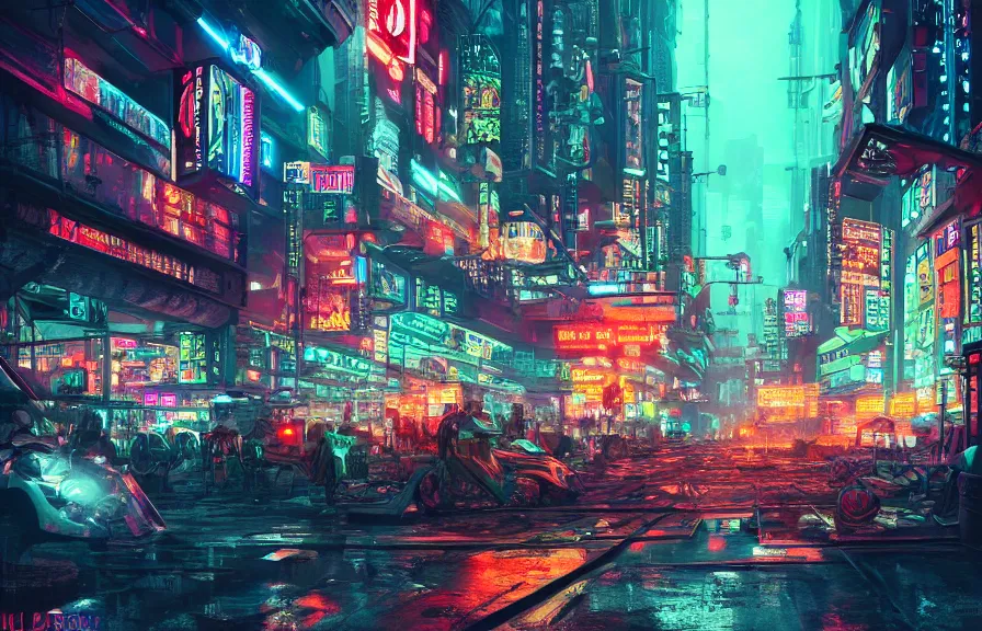 Prompt: hyper-detailed cyberpunk dystopian city at night, colorful neon signs, 4k ultra hd, trending on artstation, fantasy dark art
