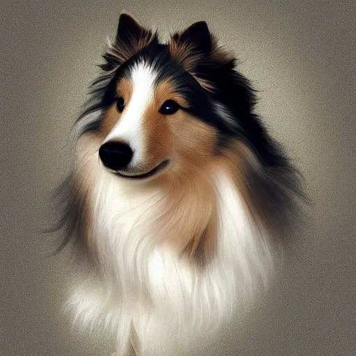 Image similar to a shetland sheepdog, elegant, highly detailed, digital painting, concept art, smooth, sharp focus, illustration, art by artgerm and greg rutkowski and alphonse mucha,artstation,deviantart,FAN ART,Unreal Engine,face enhance,8K,golden ratio,cinematic lighting H 704