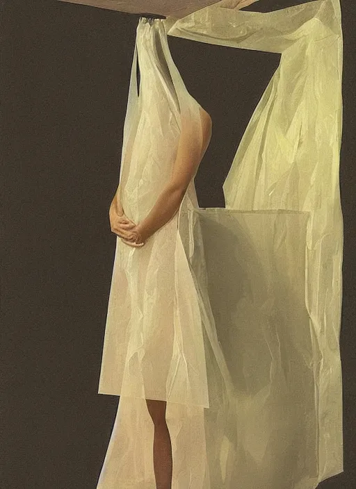 Image similar to woman in a translucent dress made from plastic bag with paper bags for clothes standing inside paper bags with paper bag over the head at store display in a pile of plastic bags Edward Hopper and James Gilleard, Zdzislaw Beksinski, highly detailed