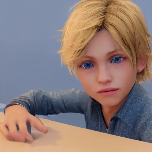 Image similar to a detailed portrait of boy with blonde hair and blue eyes, unreal engine 5 rendered, incredibly highly detailed and realistic, 8 k, sharp focus, studio quality