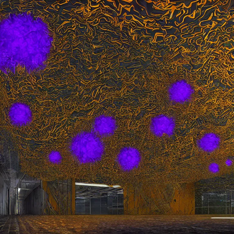 Image similar to octane render portrait by wayne barlow and carlo crivelli and glenn fabry, a giant field of colorful glowing alien flowers inside a dark and moody parking garage, cinema 4 d, ray traced lighting, very short depth of field, bokeh