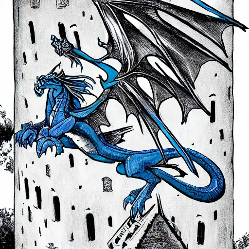 Prompt: A large azure dragoness atop a castle tower by Andy Kubert, noir, gloomy, highly detailed