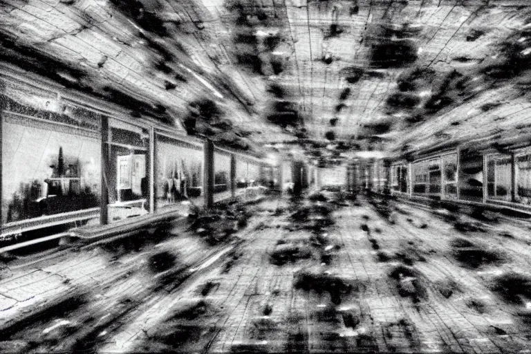 Image similar to cctv of an extremely dark infinite never ending ikea, dark deep black shadows, in the style of trevor henderson and james ensor goya, liminal space, 3 d render, glitch effect