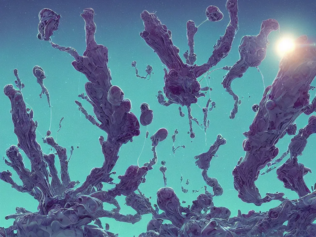 Image similar to it came from outer space by beeple : 4, a 8 k instax film rendered in unreal engine : 2, collaboration between zdzisław beksinski and salvador dali, a micrograph of mutant chlorociboria spores and hyphae, interstellar earthstar geastrum enigma