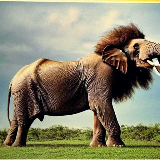 Image similar to Scientists creating an elephant and lion hybrid, half lion half elephant, photo taken hidden in the laboratory, , color photo, polaroid