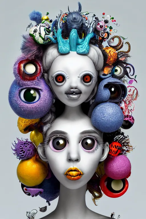 Image similar to 3 d full head and shoulders beautiful white porcelain woman with colourful big eyeballs all through her hair, ornate detailed hair, 3 d swirling hair by theodor seuss geisel and daniel arsham and xiang duan, simon stalenhag john waters, dr seuss kim jung gi, on a white background