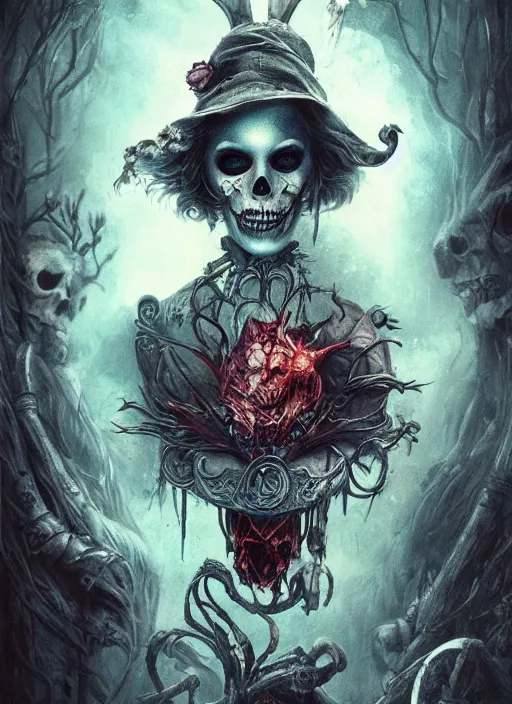 Prompt: Angry Alice in Wonderland, Death Tarot card,highly detailed,half skull face,cinematic,8k,by Stanley Artgermm,Tom Bagshaw,Greg Rutkowski,Carne Griffiths, Ayami Kojima, Beksinski, Giger,trending on DeviantArt,hyper detailed,horror, full of colour