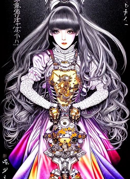 Image similar to highly detailed terada katsuya ayami kojima atrstation manga poster of princess mechine, rainbow gradient reflection, cute face by artgerm, long hair, armor, dress, laces, ruffles, 8 k, maximalist, jump comics