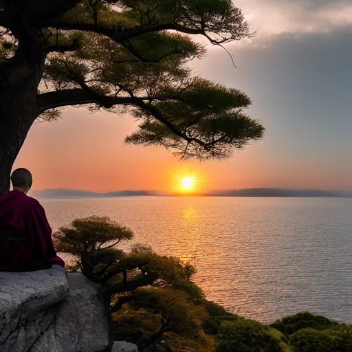 Prompt: a japanese monk sitting at the edge of a cliff, writing haiku, looking at a beautiful sunset above a lake, trees in distance