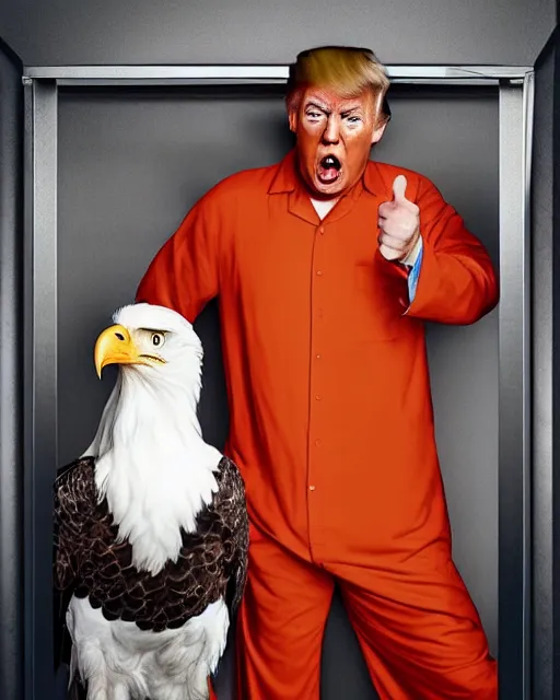 Image similar to Medium shot photo of scared Donald Trump in prison jail wearing orange pajamas with an American bald eagle attacking him, Annie Leibowitz, octane, action, dramatic lighting, editorial photo, 35mm, very detailed