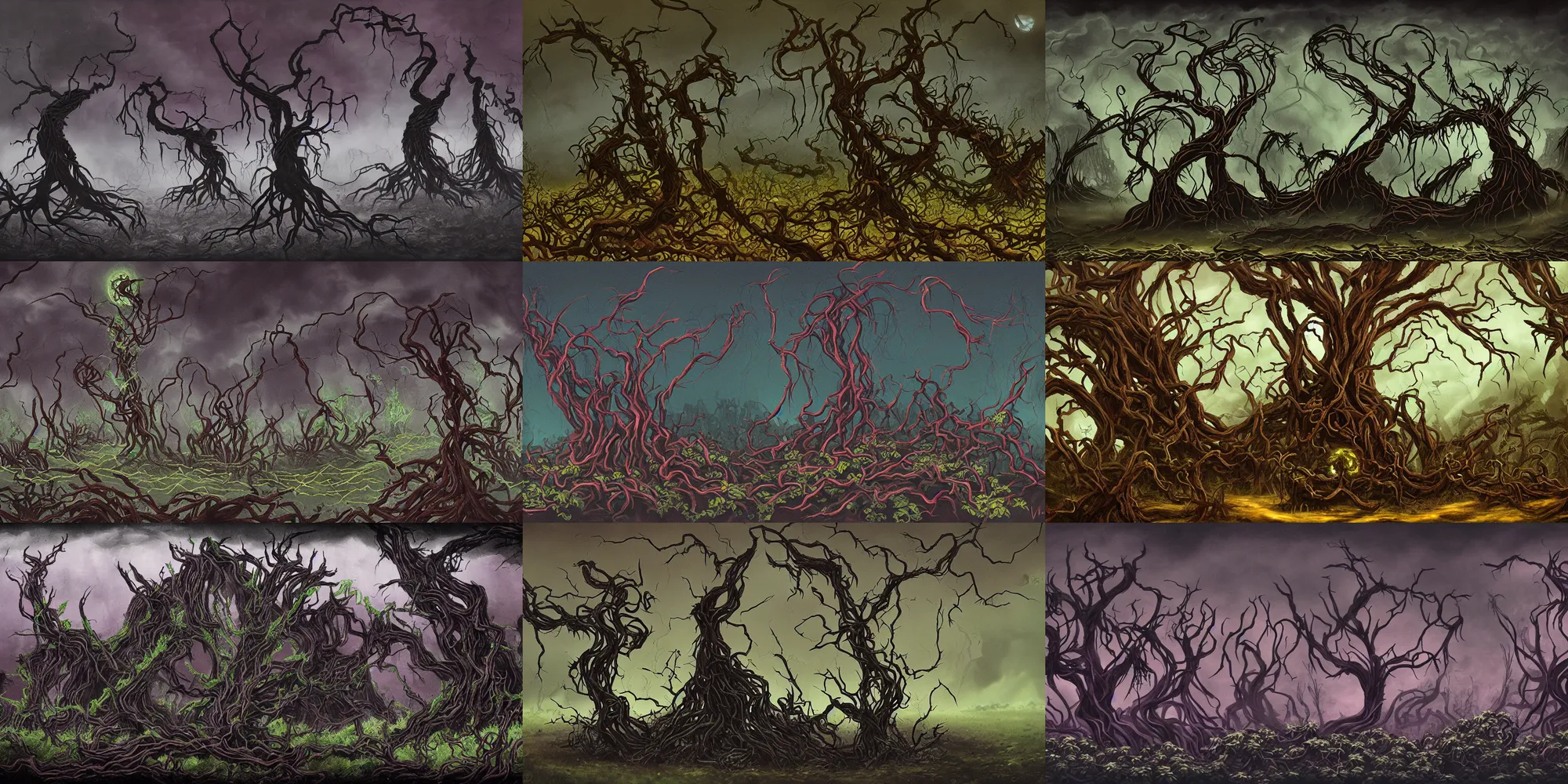 Prompt: a landcsape corrupted by a dark vine with numerous big thorns, painted in a surreal dark fantasy style