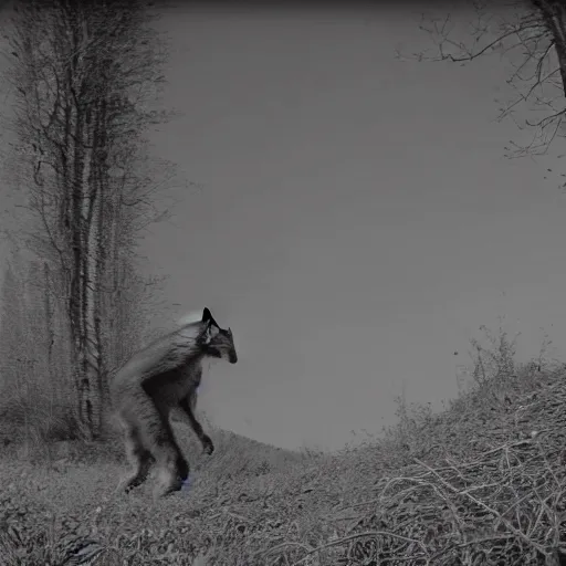 Image similar to footage of a sasquatch caught on a wildcamera, black and white, blurry footage, wild camera, night