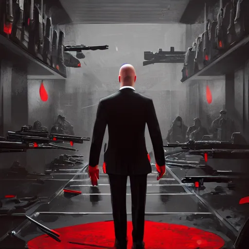 Image similar to a portrait of agent 4 7 from hitman standing in front of a wall of guns, dark background, red rim light, highly detailed, digital art, artstation, concept art, smooth, sharp focus, greg rutkowski, wlop