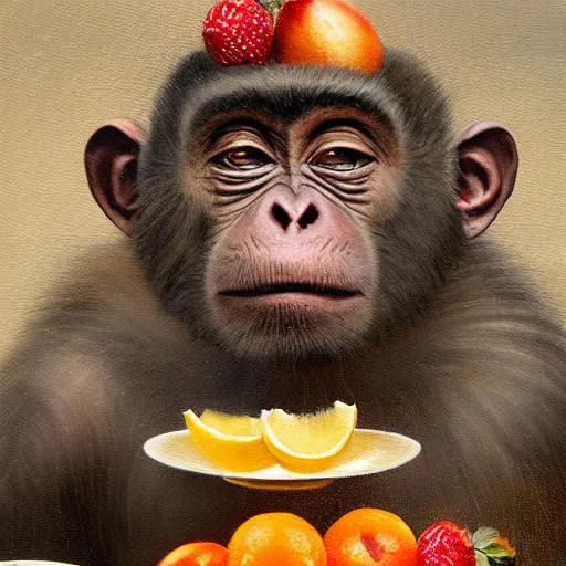 Prompt: a beautiful painting of a happy monkey with a plate full of fruits on top of its head, 4 k, detailed, artstation, 4 k, by greg rutkowski,