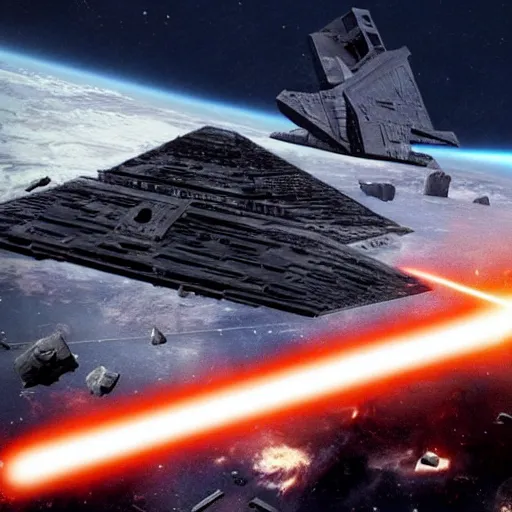 Prompt: darth vader standing menacingly in front of destroyed star destroyer in space