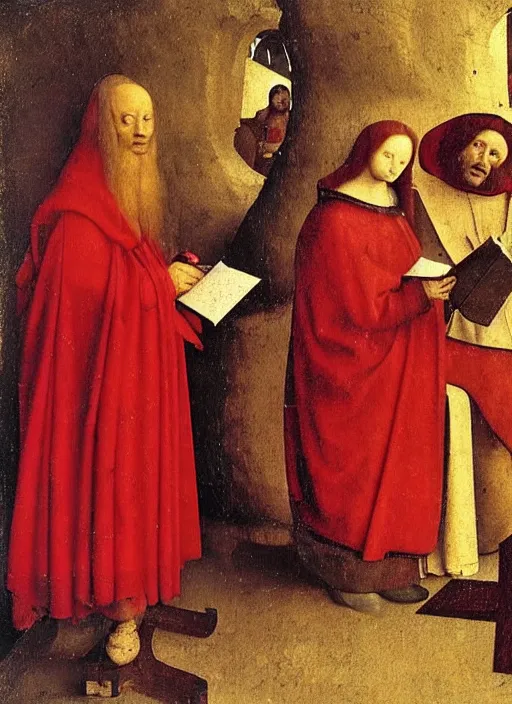 Image similar to fallen angels dressed in red reading the bible and arguing in Tuscany by Jan van Eyck, Hieronymus Bosch, Johannes Vermeer 4k post-processing, highly detailed medieval painting