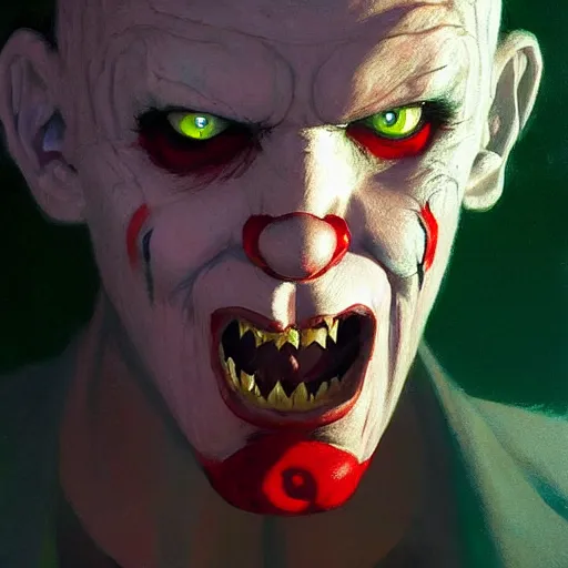 Image similar to 4k headshot portrait of Spawn clown from Macfarlane comics by Craig Mullins, ilya kuvshinov, krenz cushart, epic , artgerm trending on artstation by Edward Hopper and Dan Mumford and WLOP and Rutkovsky, beksinski carl spitzweg moebius and tuomas kocar, intricate artwork by caravaggio, Unreal Engine 5, Lumen, Nanite , 4K headshot of godlike clown with defined arms and open hands and bloody clothes with giant mandala wings , intricate face , flawless anime cel animation by Kentaro Miura, psychedelic , highly detailed upper body , professionally post-processed , beautiful, scary, symmetry accurate features, epic, octane rendered, anime masterpiece, accurate