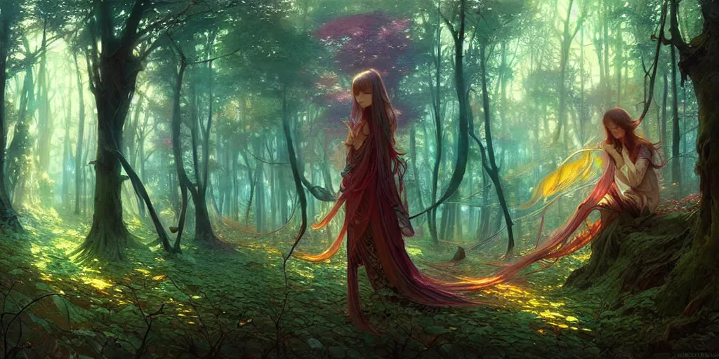 Image similar to a beautiful illustration of a mystic colourful forest, intricate, sharp focus, illustration, highly detailed, digital painting, concept art, matte, art by wlop and artgerm and greg rutkowski and alphonse mucha, masterpiece