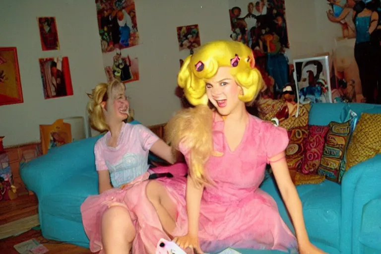 Image similar to a funny unexpected photo made with a disposable camera of a real life Princess Peach having fun in my livingroom, in color