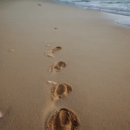 Image similar to footprints in sand at the beach, gentle waves, calm light, footprint path, light sand, distant clouds, photography award, leading lines