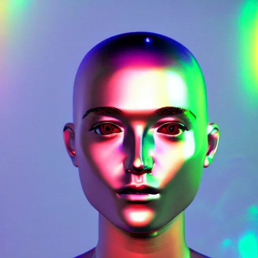 Image similar to 3d render of holographic human robotic head made of glossy iridescent, surrealistic 3d illustration of a human face non-binary, non binary model, 3d model human, cryengine, made of holographic texture, holographic material, holographic rainbow, concept of cyborg and artificial intelligence