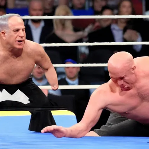 Image similar to benjamin netanyahu in a wwe arena wrestling the undertaker, highly detailed, sharp focus