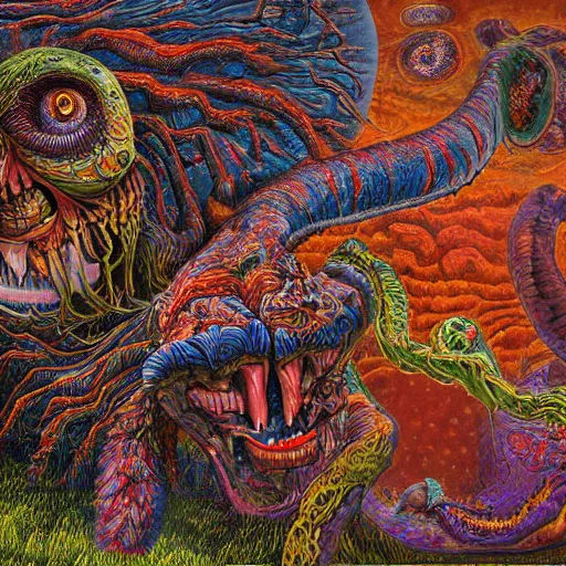 Prompt: a high hyper detailed painting with many complex textures and sacred animal skin, of a monster with three heads and a scaly body, and a head inside the stomach from which several deformed soldiers come out running and screaming, psychedelic surreal cosmic magic realism bizarre art and spitual psychotic